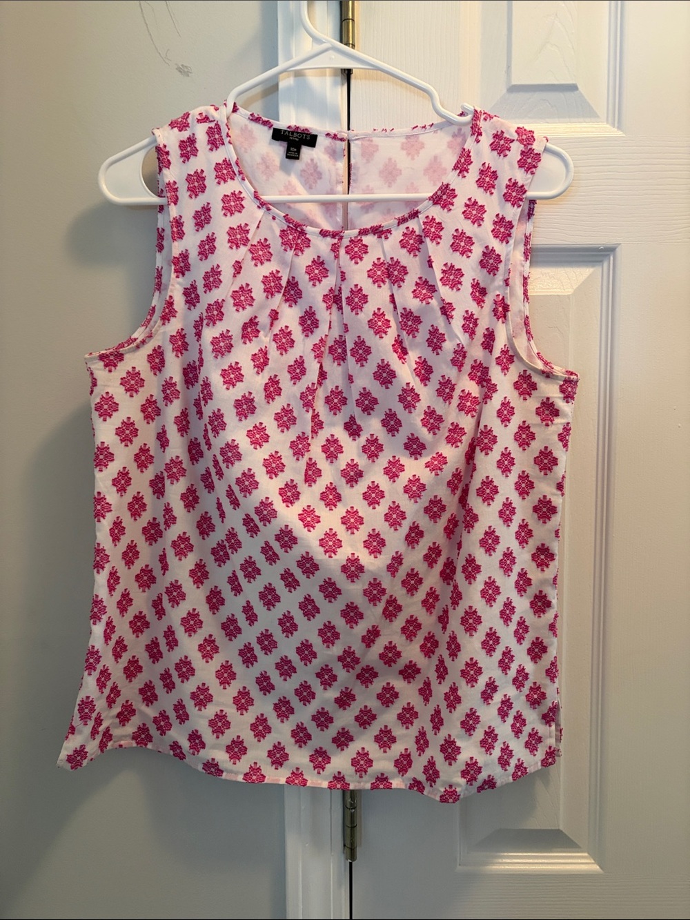 Talbots White Tank Top with Pink Geometric Print